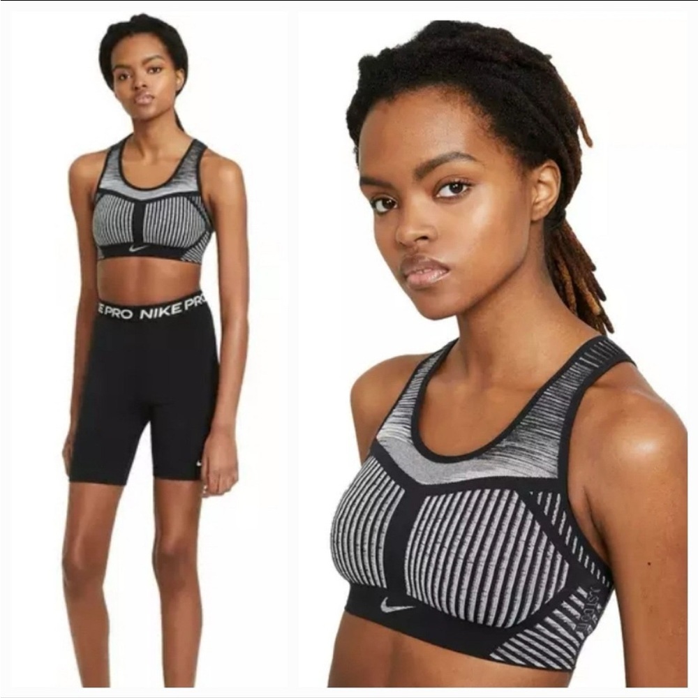 Nike Pro Indy Flyknit Seamless Sports Bra XS Black Gray‎ Stripe AJ4047-014 - Picture 2 of 13